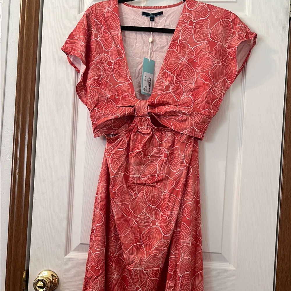 Coral Sundress with Ruffled Hem and Plunge Neckline